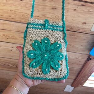 Vintage Handmade Crochet Beaded Pearls Teal Cream Mini Bag Boho Artsy Cottage Y2